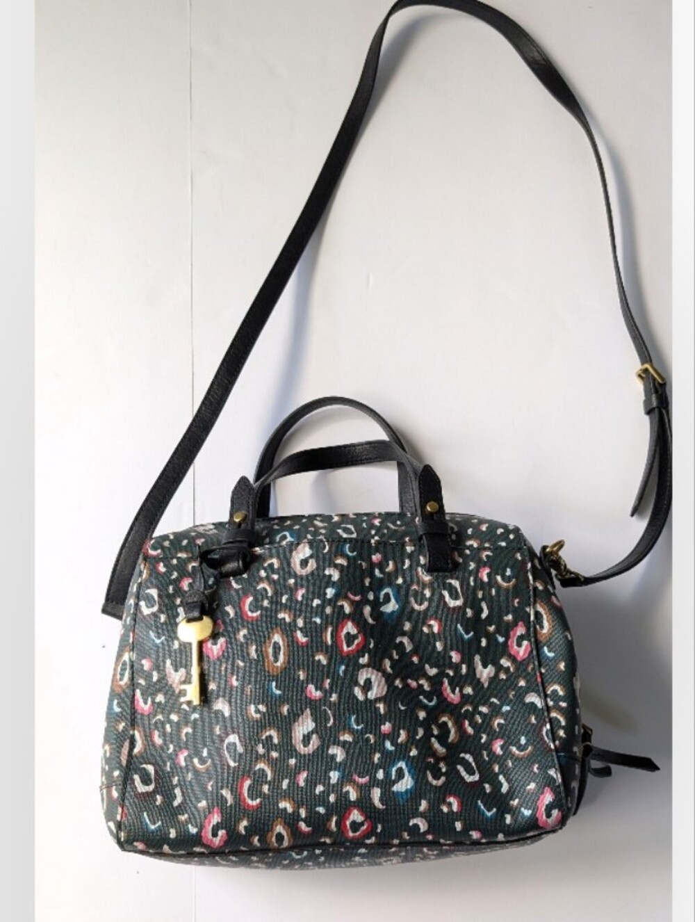 Fossil Rachel Black Green Multicolor Leopard Print Crossbody Satchel